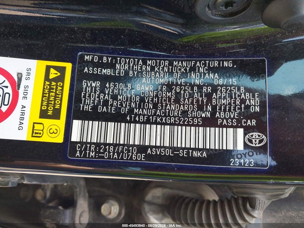 4T4BF1FKXGR522595 2016 TOYOTA CAMRY photo no. 9