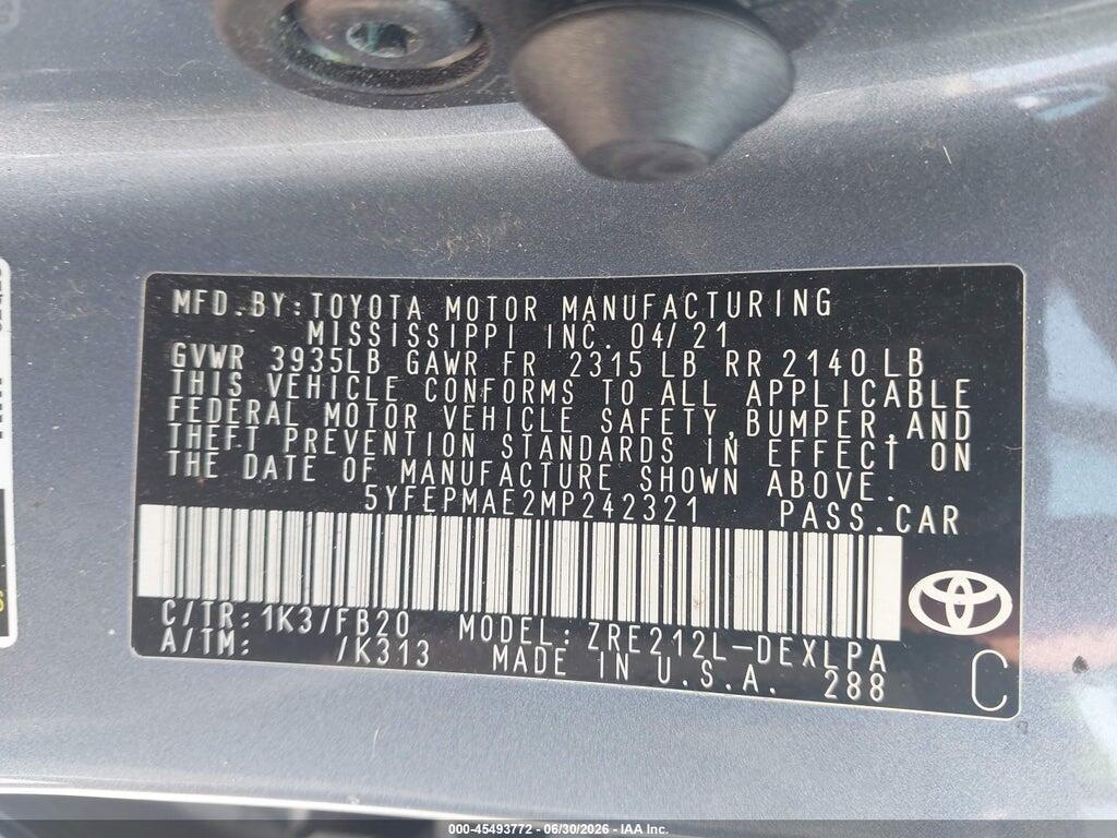 5YFEPMAE2MP242321 2021 TOYOTA COROLLA photo no. 9