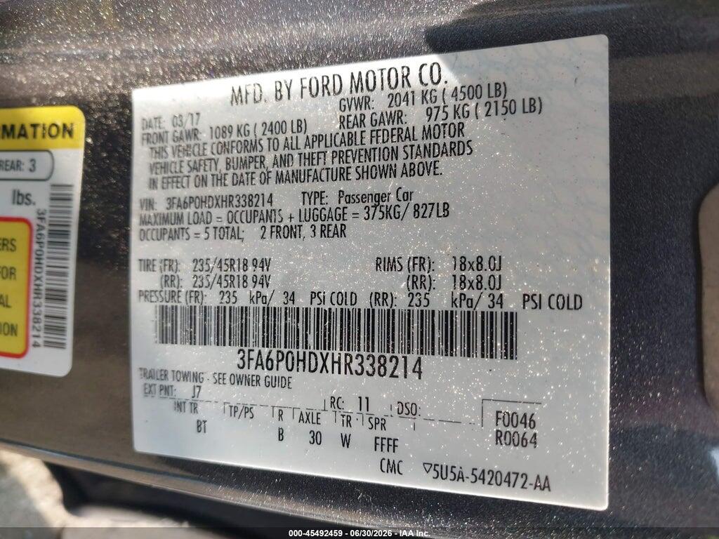 3FA6P0HDXHR338214 2017 FORD FUSION photo no. 9
