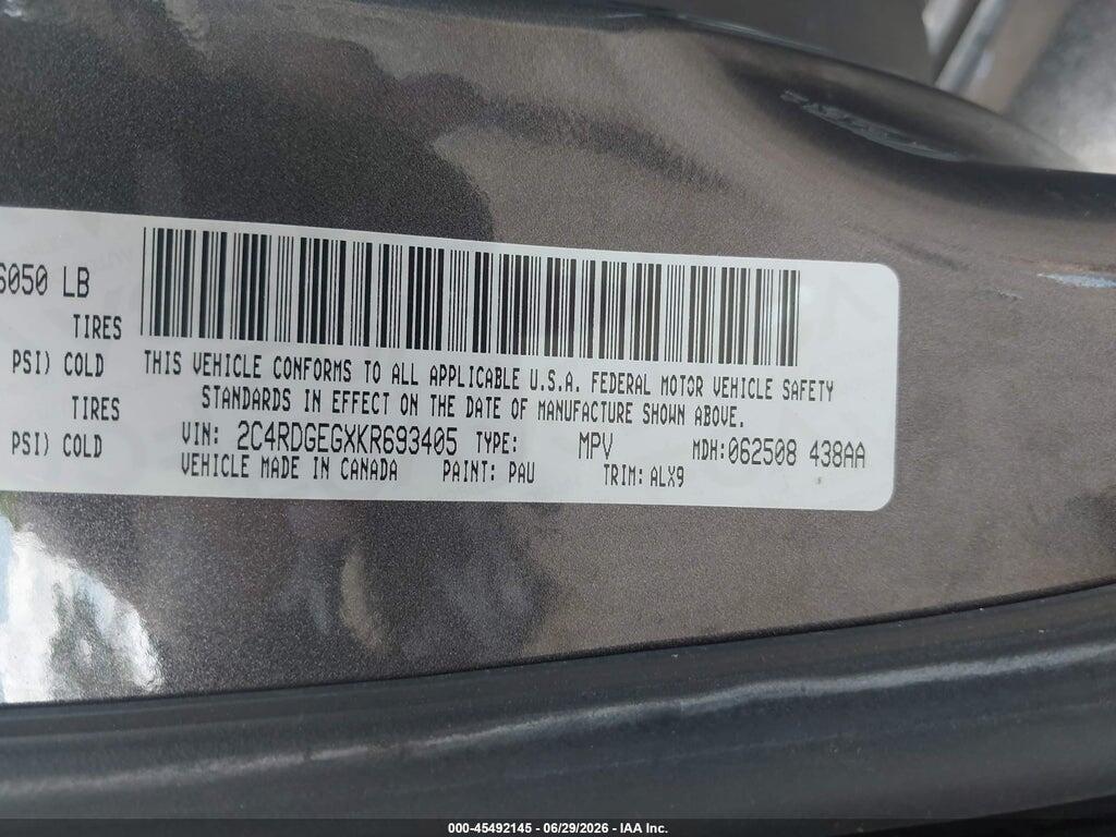 2C4RDGEGXKR693405 2019 DODGE GRAND CARAVAN photo no. 9