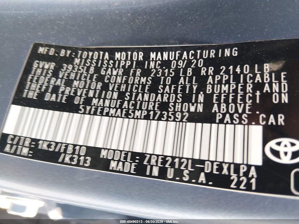 5YFEPMAE5MP173592 2021 TOYOTA COROLLA photo no. 9
