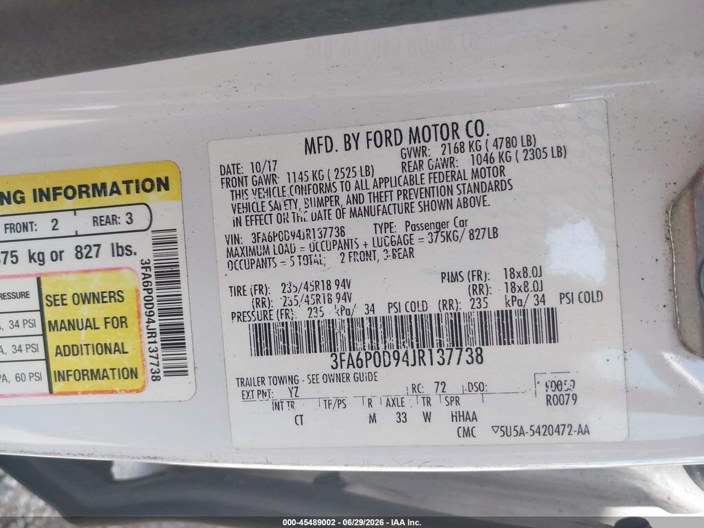 3FA6P0D94JR137738 2018 FORD FUSION photo no. 9