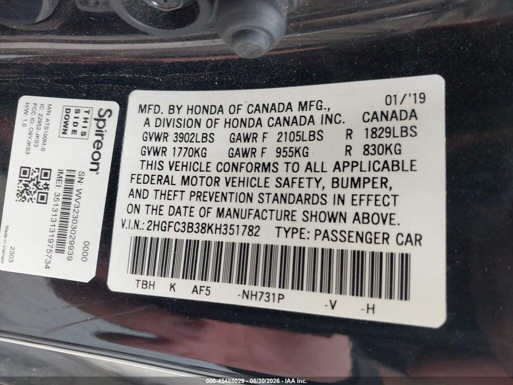 2HGFC3B38KH351782 2019 HONDA CIVIC photo no. 9