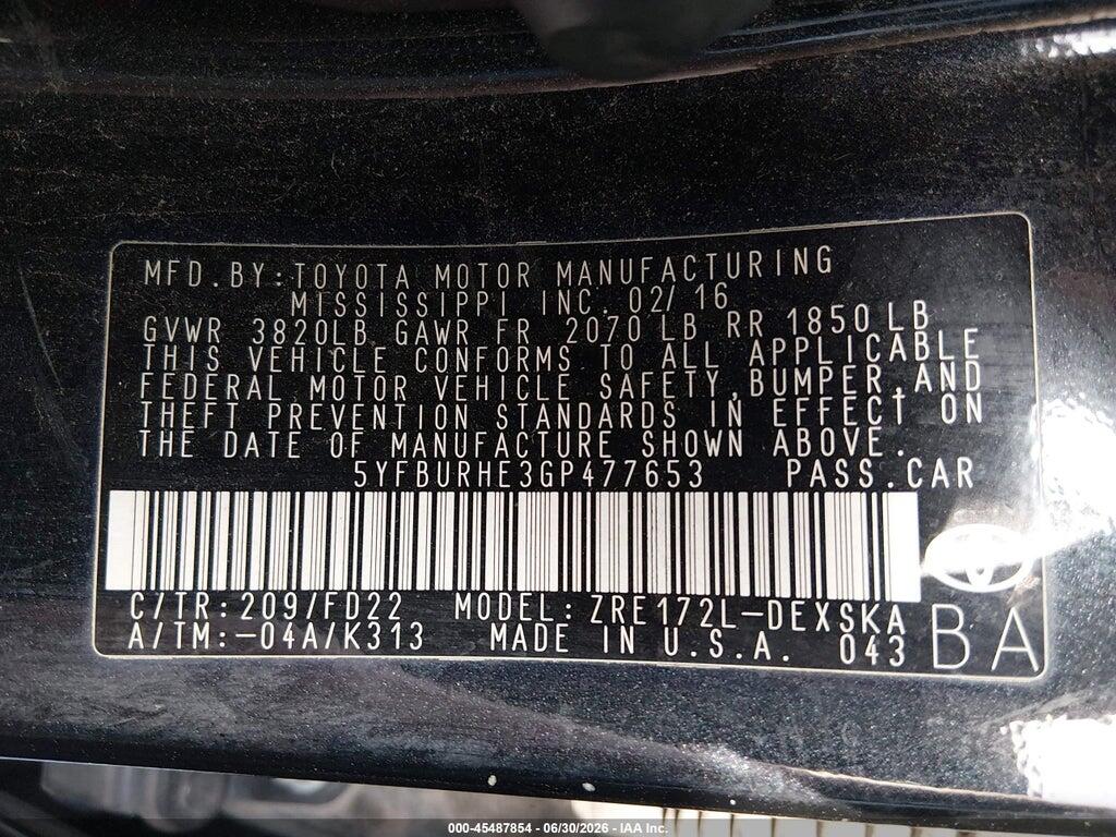 5YFBURHE3GP477653 2016 TOYOTA COROLLA photo no. 9