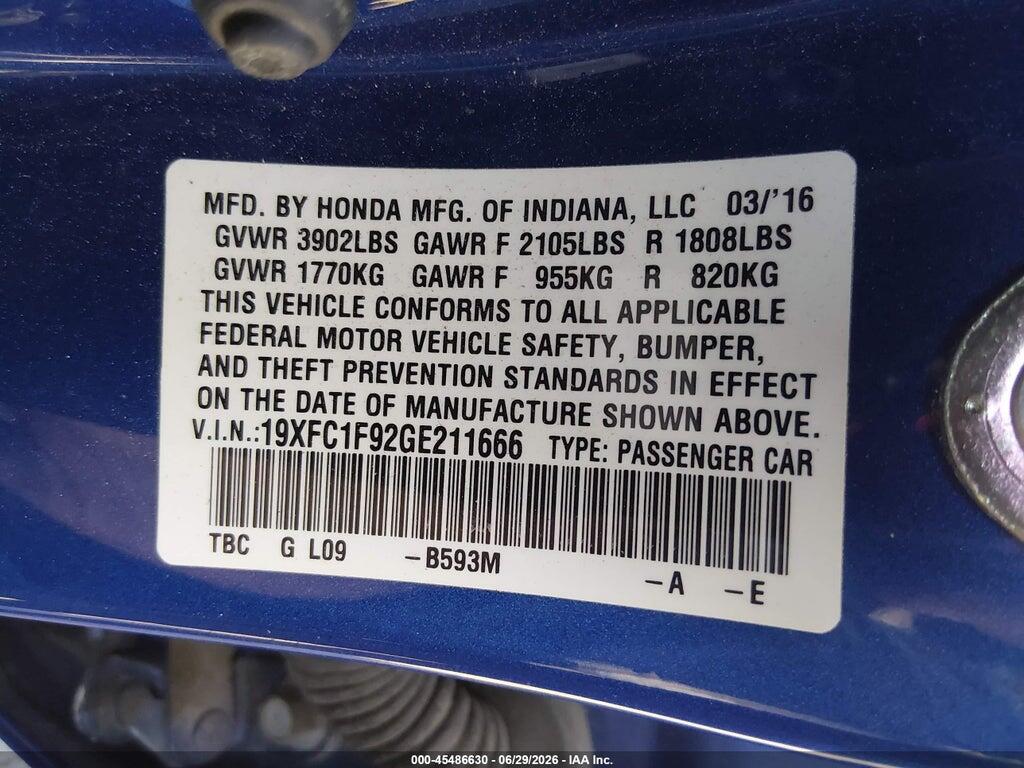 19XFC1F92GE211666 2016 HONDA CIVIC photo no. 9