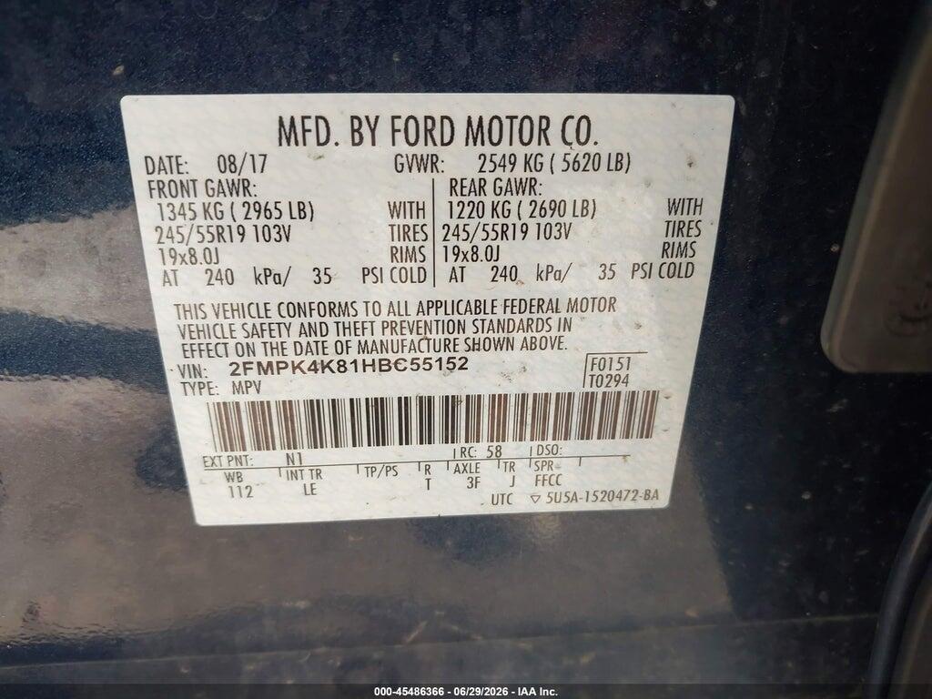 2FMPK4K81HBC55152 2017 FORD EDGE photo no. 9