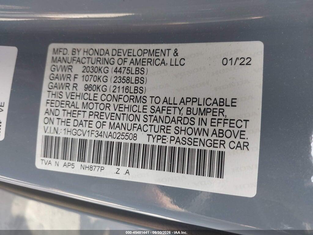1HGCV1F34NA025508 2022 HONDA ACCORD photo no. 9
