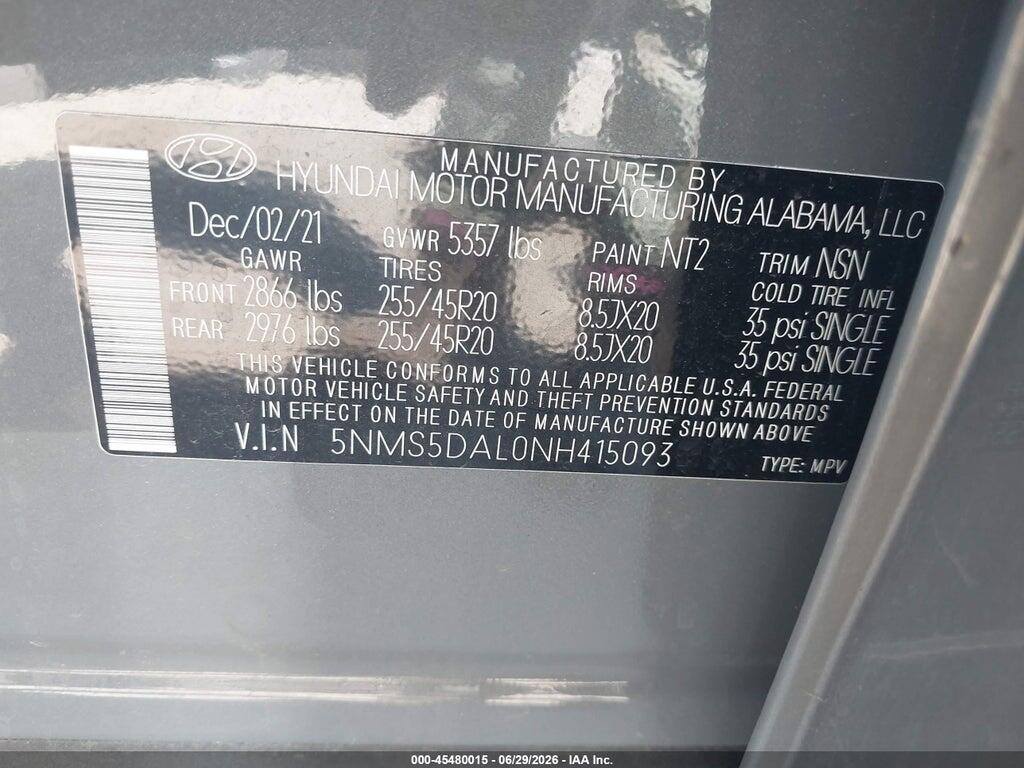5NMS5DAL0NH415093 2022 HYUNDAI SANTA FE photo no. 9