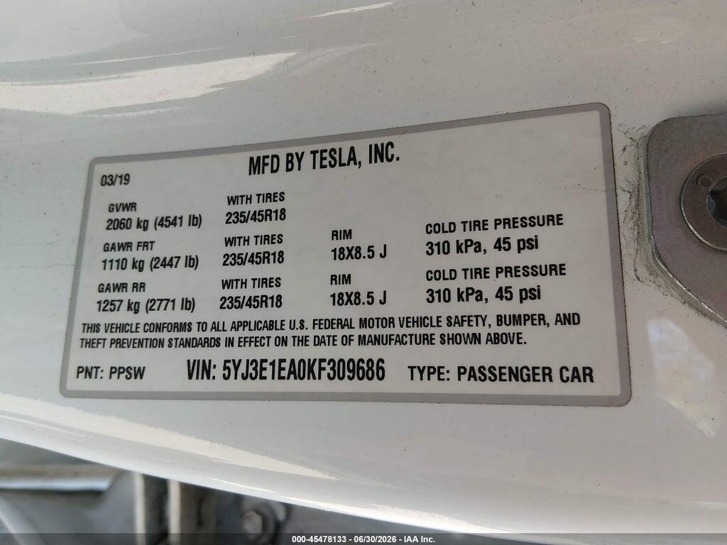 5YJ3E1EA0KF309686 2019 TESLA MODEL 3 photo no. 9