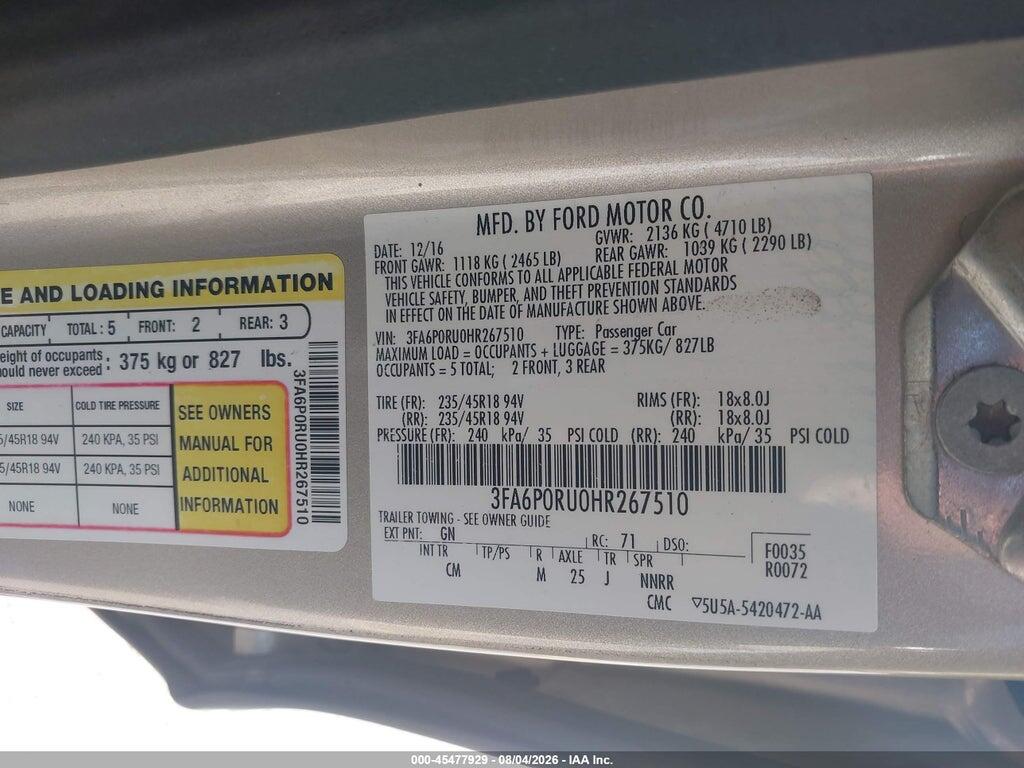 3FA6P0RU0HR267510 2017 FORD FUSION HYBRID photo no. 9