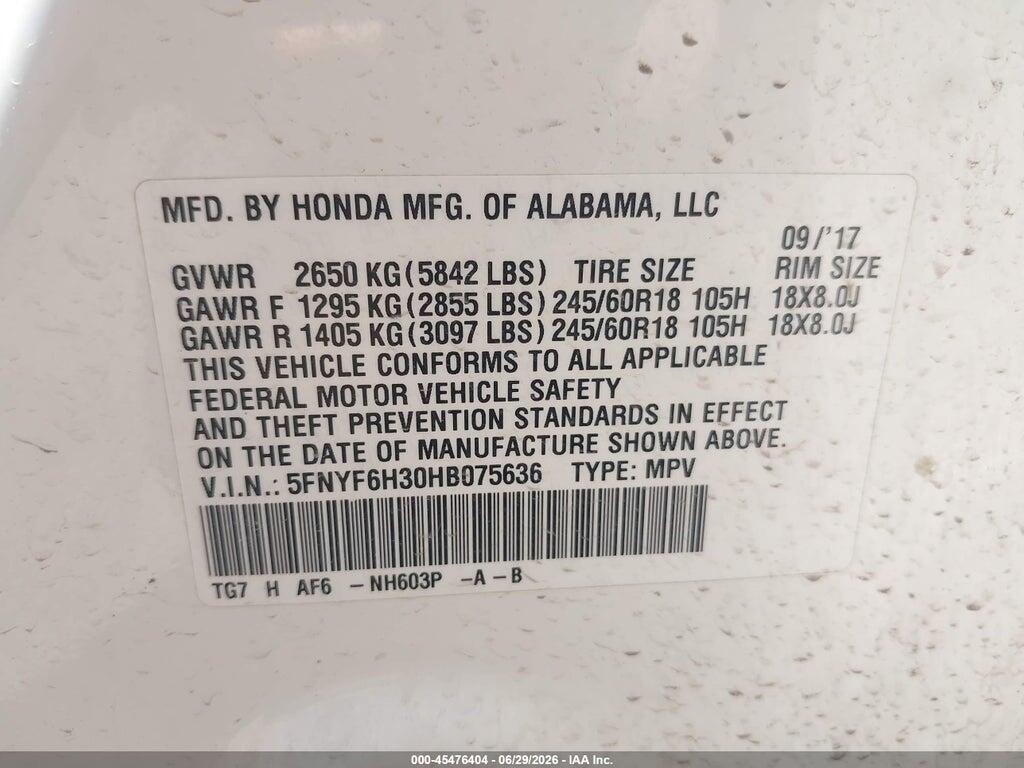5FNYF6H30HB075636 2017 HONDA PILOT photo no. 9