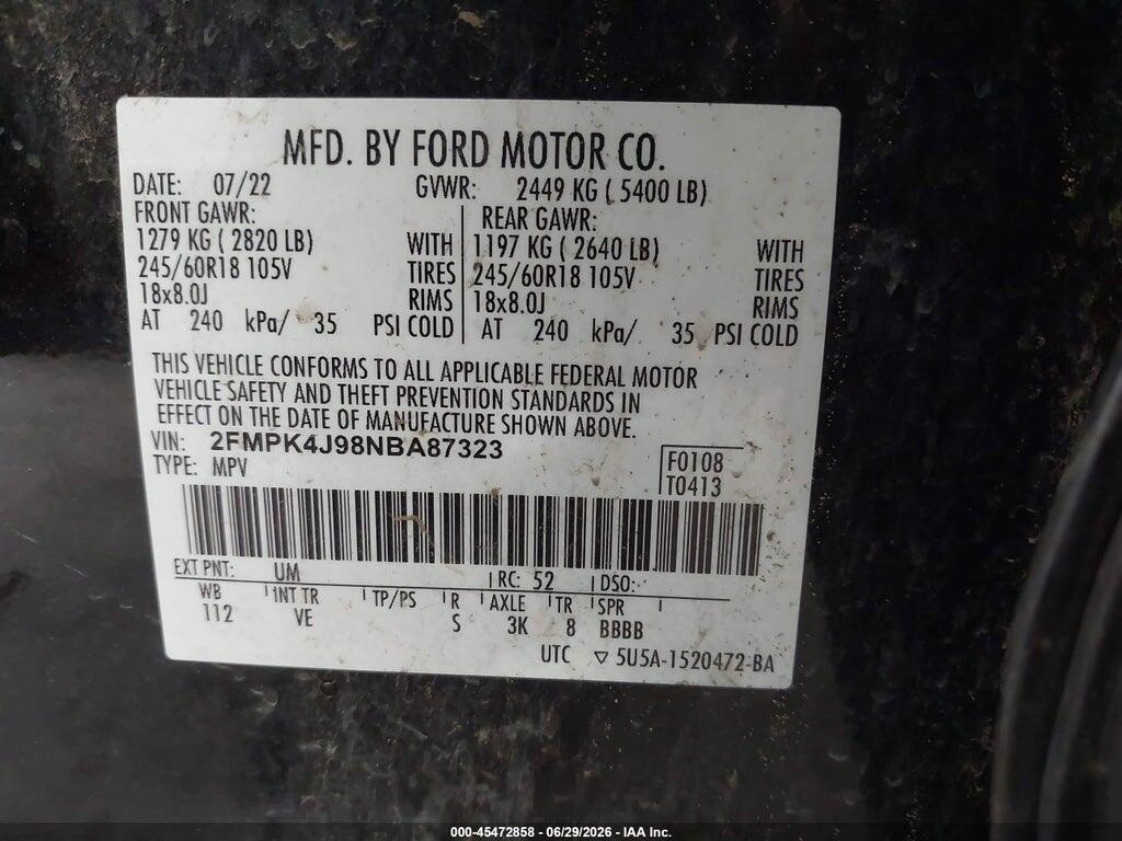 2FMPK4J98NBA87323 2022 FORD EDGE photo no. 9