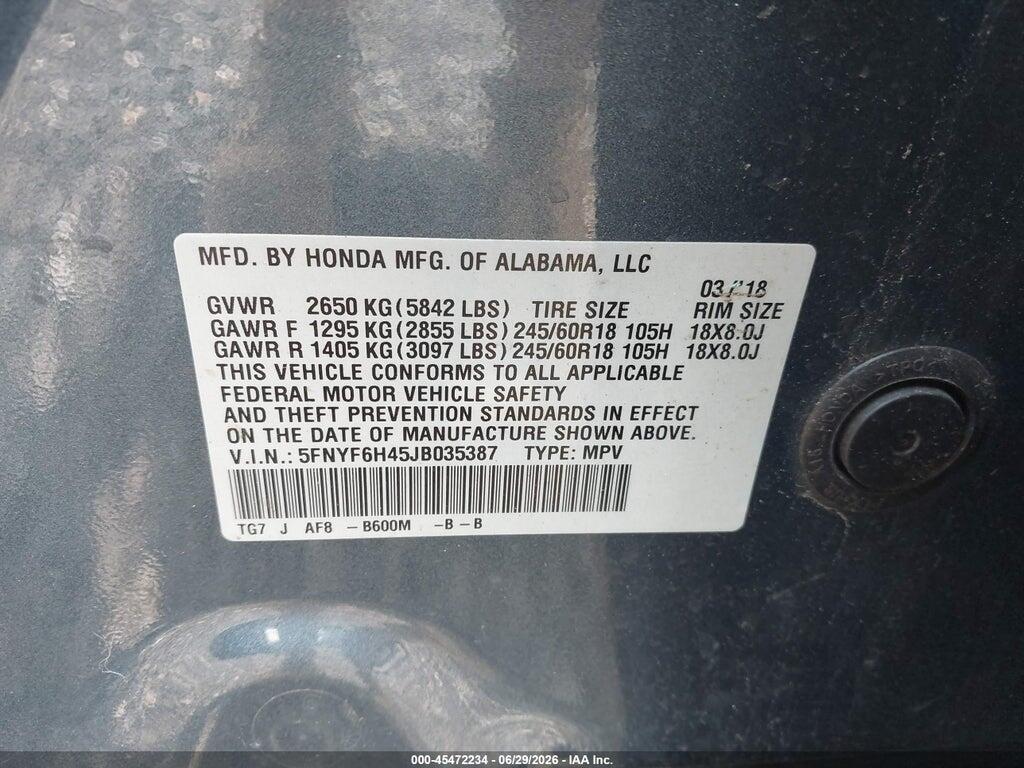 5FNYF6H45JB035387 2018 HONDA PILOT photo no. 9