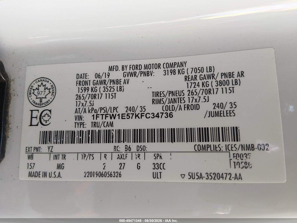 1FTFW1E57KFC34736 2019 FORD F-150 photo no. 9