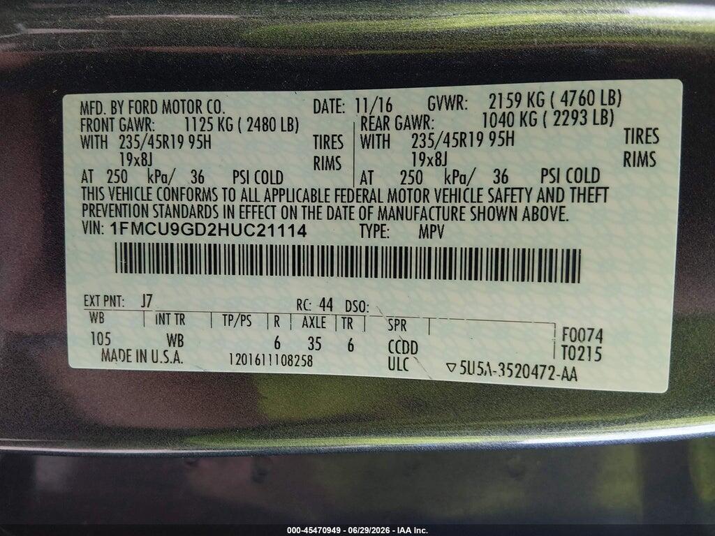 1FMCU9GD2HUC21114 2017 FORD ESCAPE photo no. 9