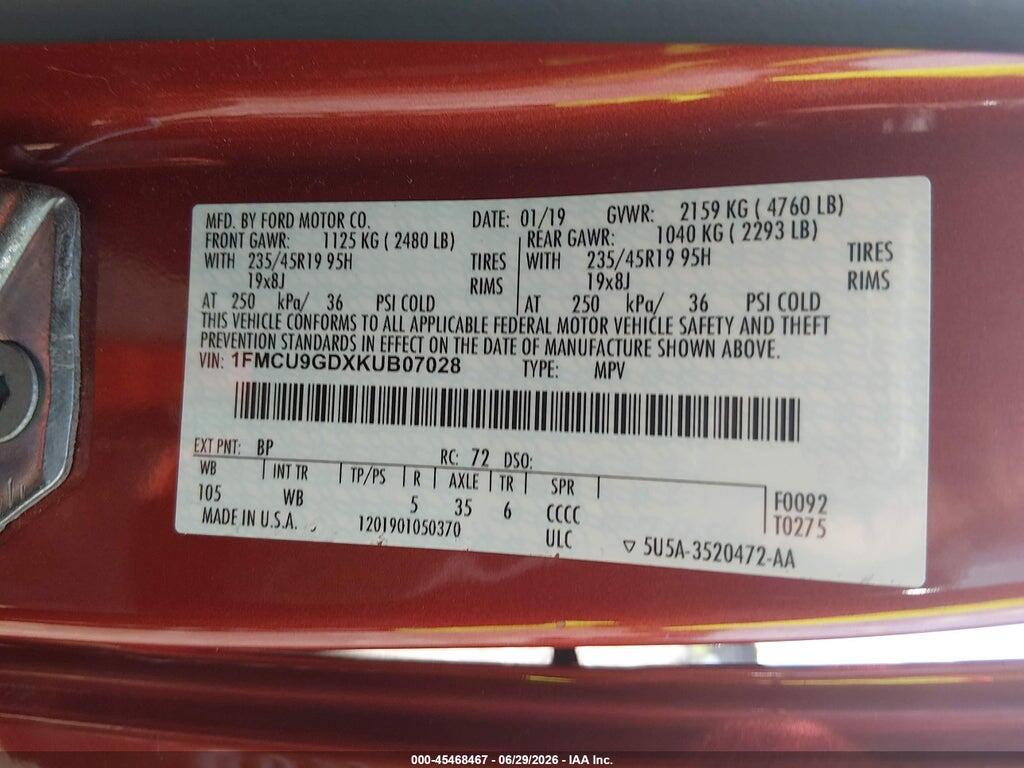 1FMCU9GDXKUB07028 2019 FORD ESCAPE photo no. 9