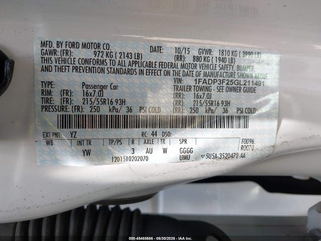 1FADP3F25GL211491 2016 FORD FOCUS photo no. 9