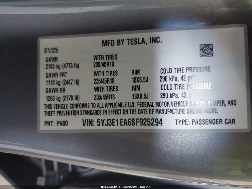 5YJ3E1EA6SF925294 2025 TESLA MODEL 3 photo no. 9