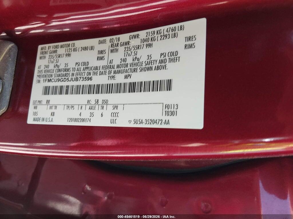 1FMCU9GD5JUB73596 2018 FORD ESCAPE photo no. 9
