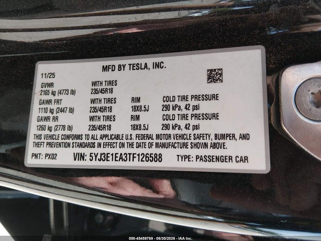 5YJ3E1EA3TF126588 2026 TESLA MODEL 3 photo no. 9