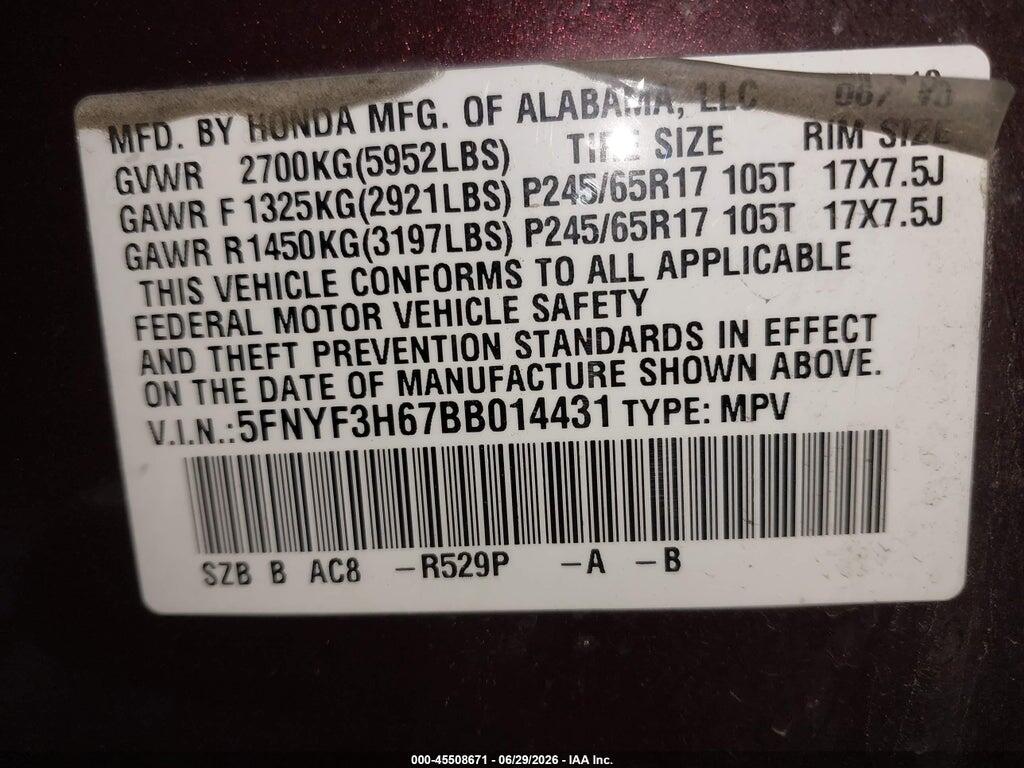 5FNYF3H67BB014431 2011 HONDA PILOT photo no. 9