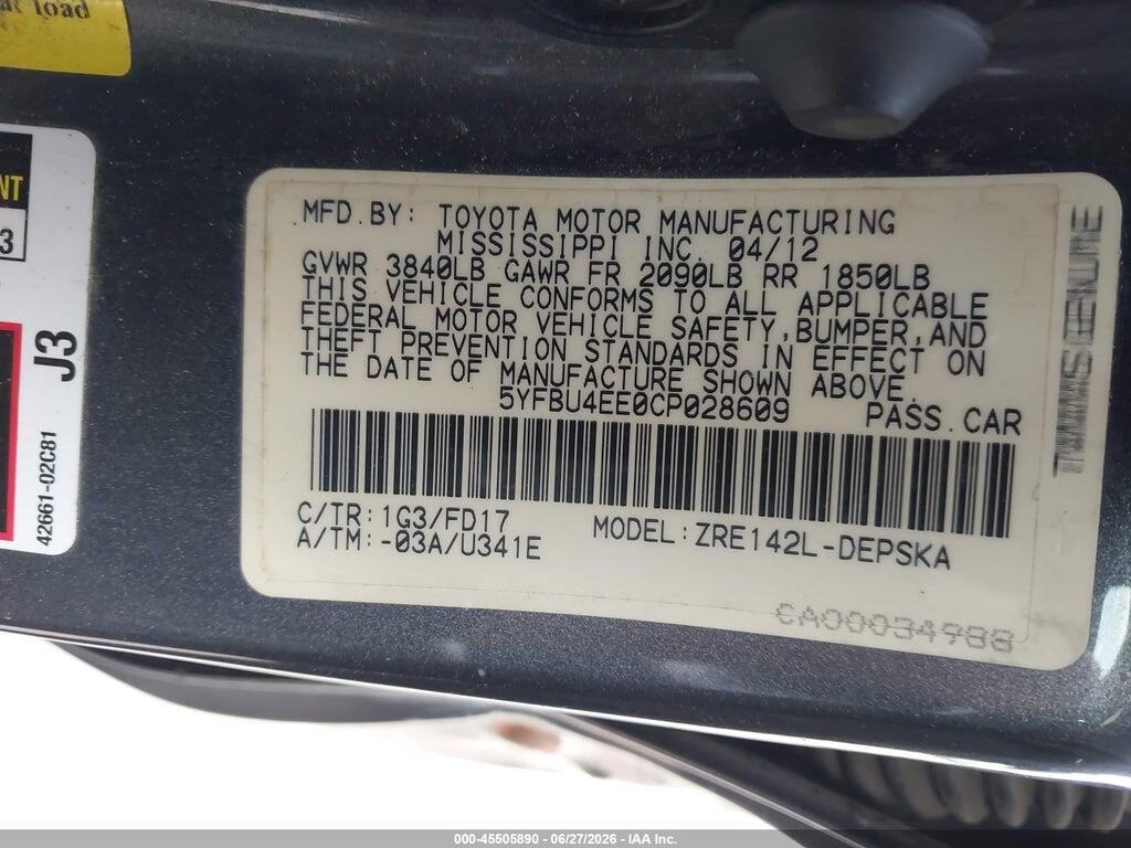5YFBU4EE0CP028609 2012 TOYOTA COROLLA photo no. 9