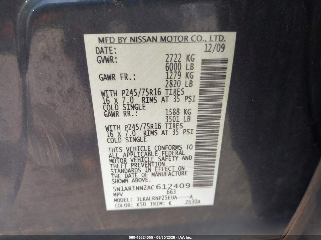 5N1AR1NN2AC612409 2010 NISSAN PATHFINDER photo no. 9
