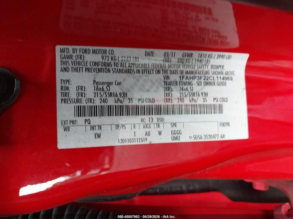 1FAHP3F22CL114969 2012 FORD FOCUS photo no. 9