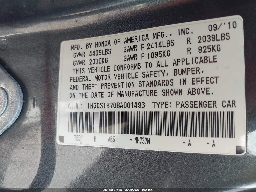 1HGCS1B70BA001493 2011 HONDA ACCORD photo no. 9