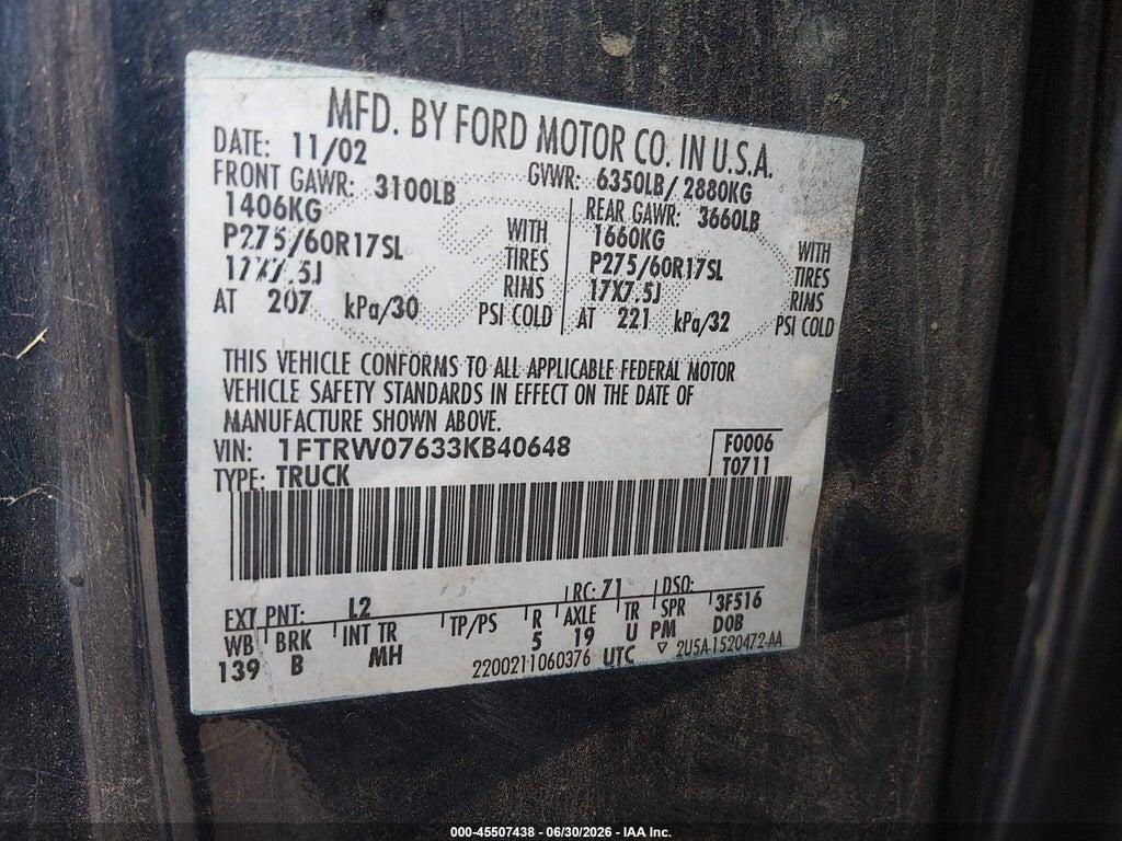 1FTRW07633KB40648 2003 FORD F-150 photo no. 9