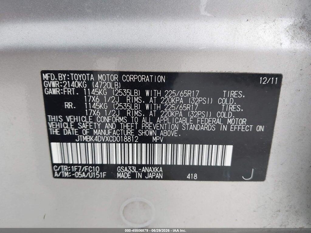 JTMBK4DVXCD018812 2012 TOYOTA RAV4 photo no. 9