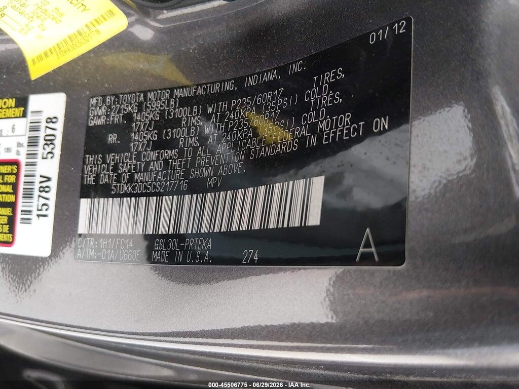 5TDKK3DC5CS217716 2012 TOYOTA SIENNA photo no. 9