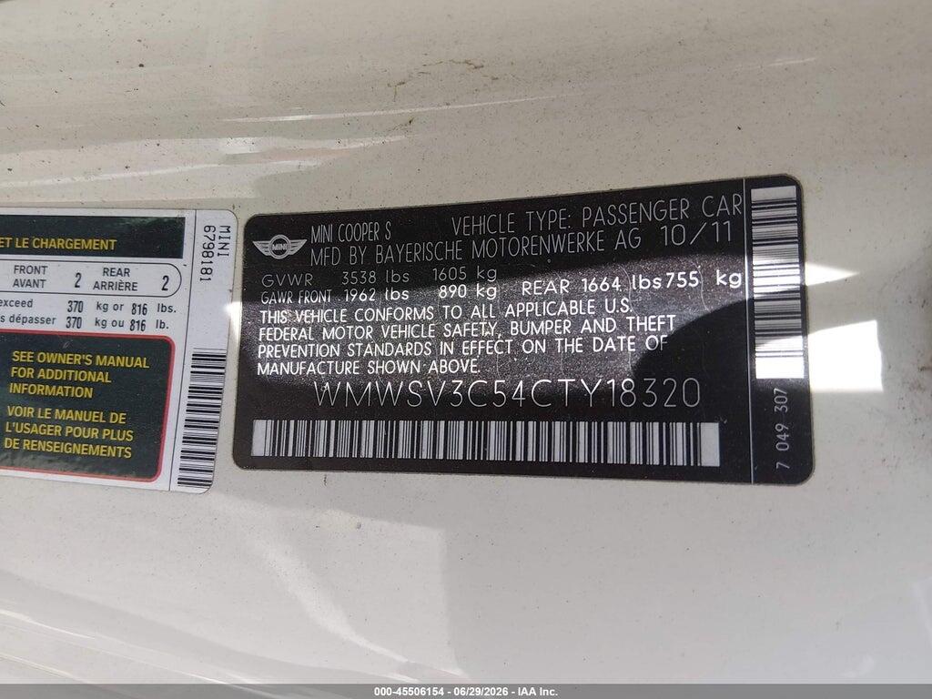 WMWSV3C54CTY18320 2012 MINI COOPER S photo no. 9