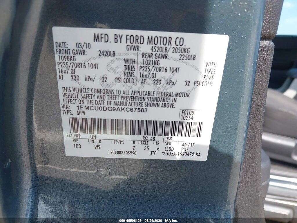 1FMCU0DG9AKC67583 2010 FORD ESCAPE photo no. 9