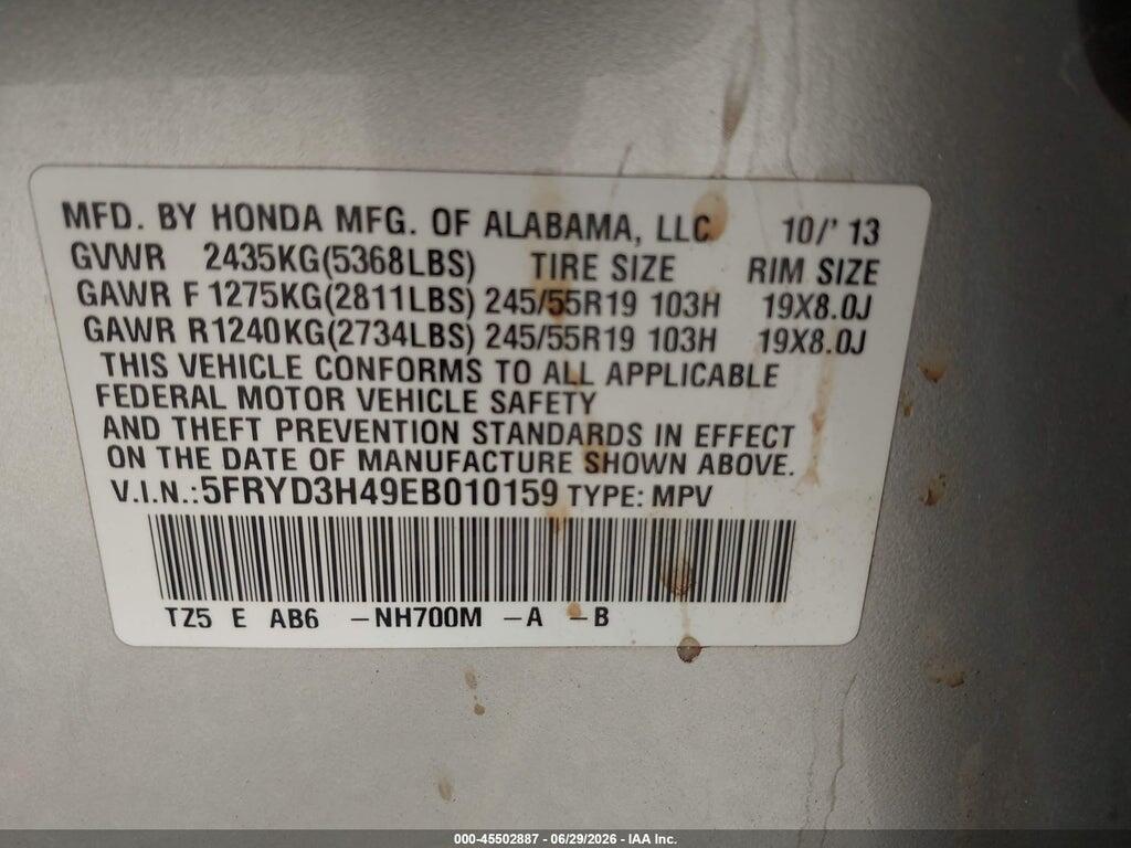 5FRYD3H49EB010159 2014 ACURA MDX photo no. 9