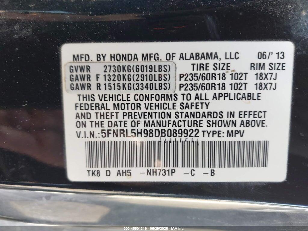 5FNRL5H98DB089922 2013 HONDA ODYSSEY photo no. 9