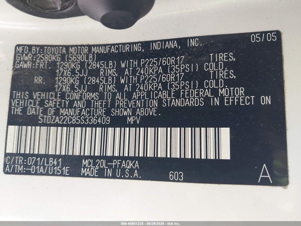 5TDZA22C85S336409 2005 TOYOTA SIENNA photo no. 9