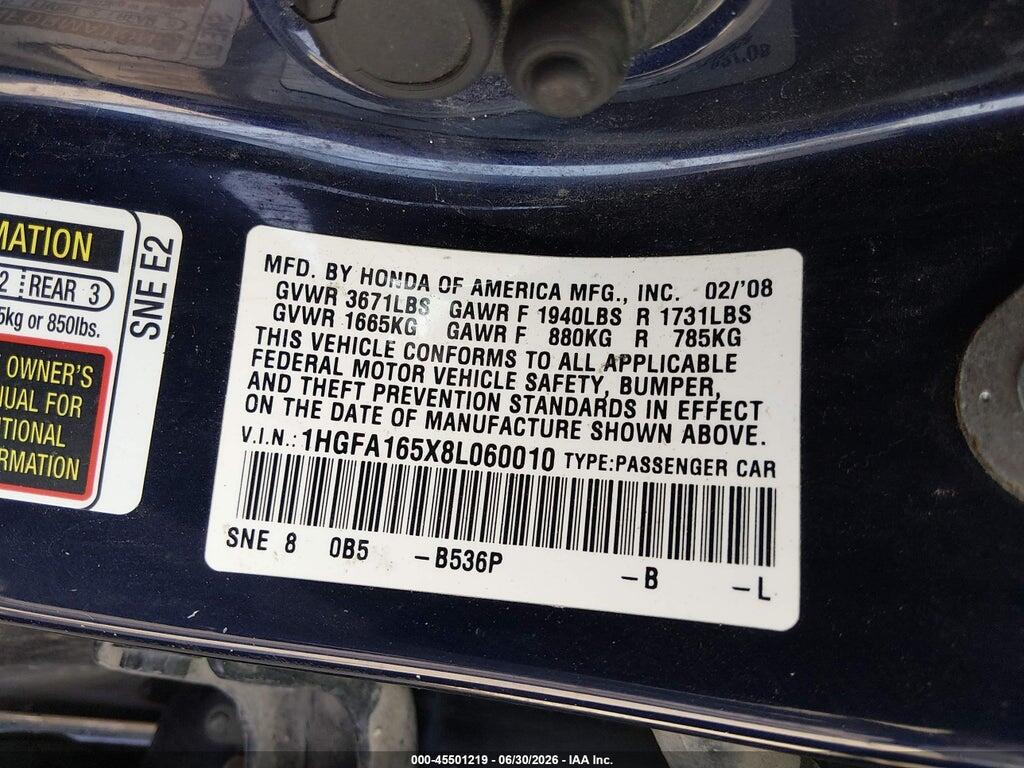1HGFA165X8L060010 2008 HONDA CIVIC photo no. 9
