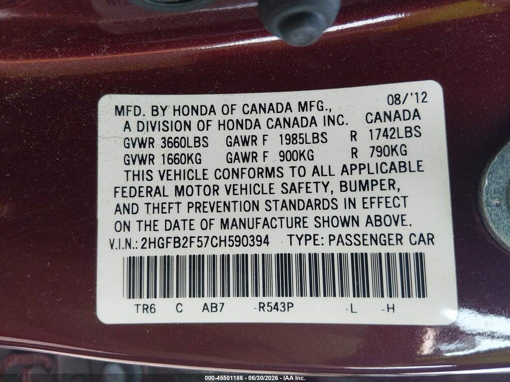 2HGFB2F57CH590394 2012 HONDA CIVIC photo no. 9