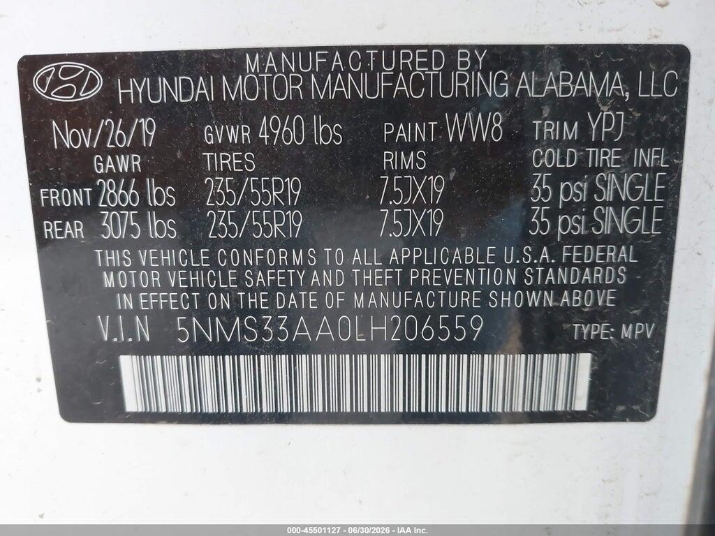 5NMS33AA0LH206559 2020 HYUNDAI SANTA FE photo no. 9