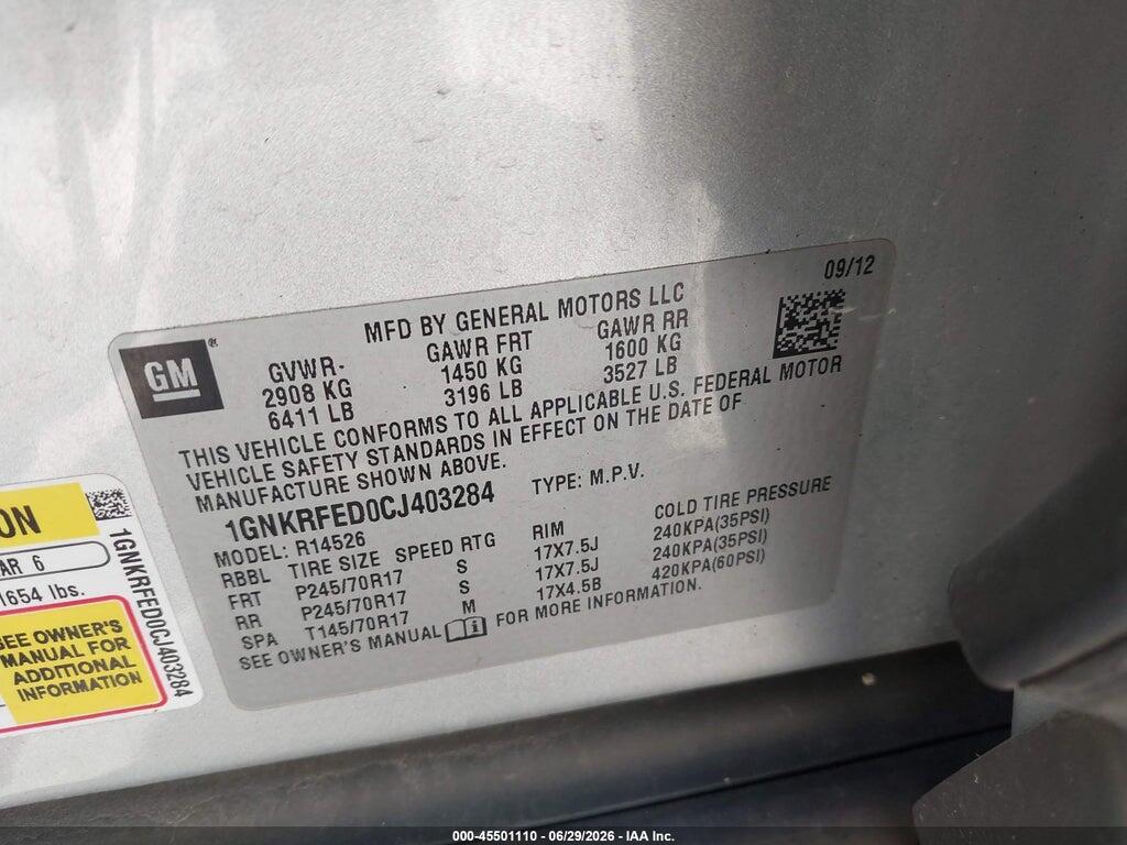 1GNKRFED0CJ403284 2012 CHEVROLET TRAVERSE photo no. 9
