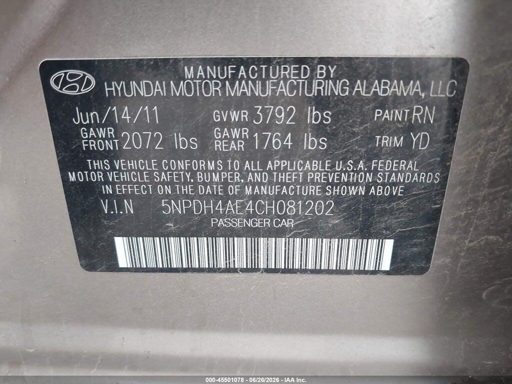 5NPDH4AE4CH081202 2012 HYUNDAI ELANTRA photo no. 9