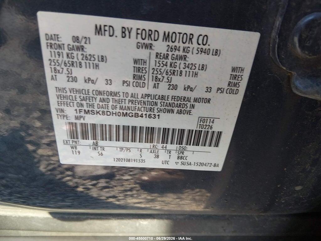 1FMSK8DH0MGB41631 2021 FORD EXPLORER photo no. 9