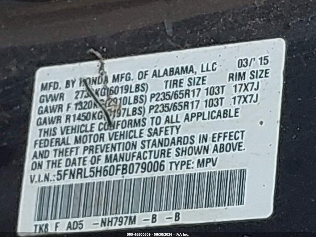 5FNRL5H60FB079006 2015 HONDA ODYSSEY photo no. 9