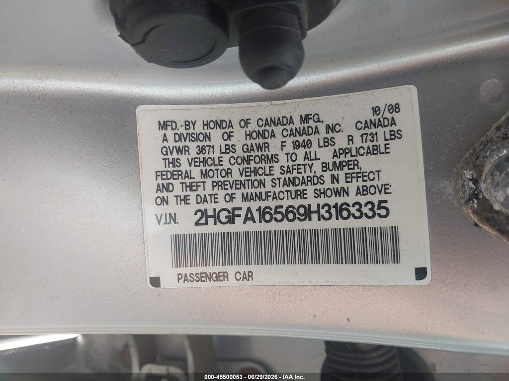 2HGFA16569H316335 2009 HONDA CIVIC photo no. 9