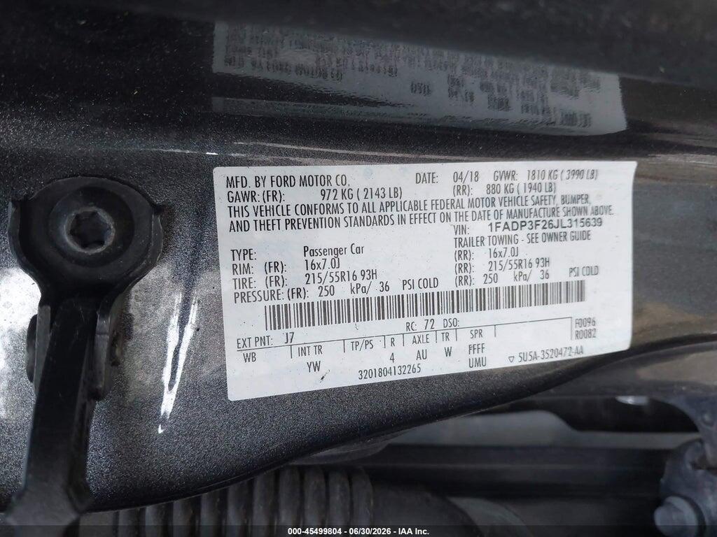 1FADP3F26JL315639 2018 FORD FOCUS photo no. 9