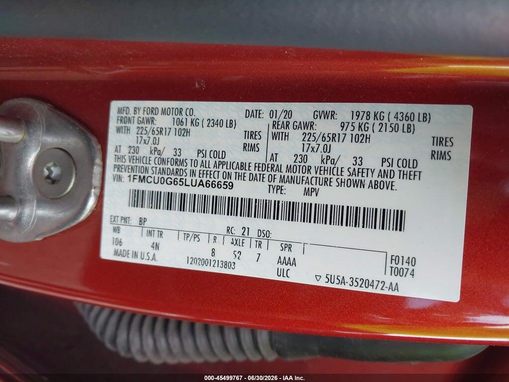 1FMCU0G65LUA66659 2020 FORD ESCAPE photo no. 9