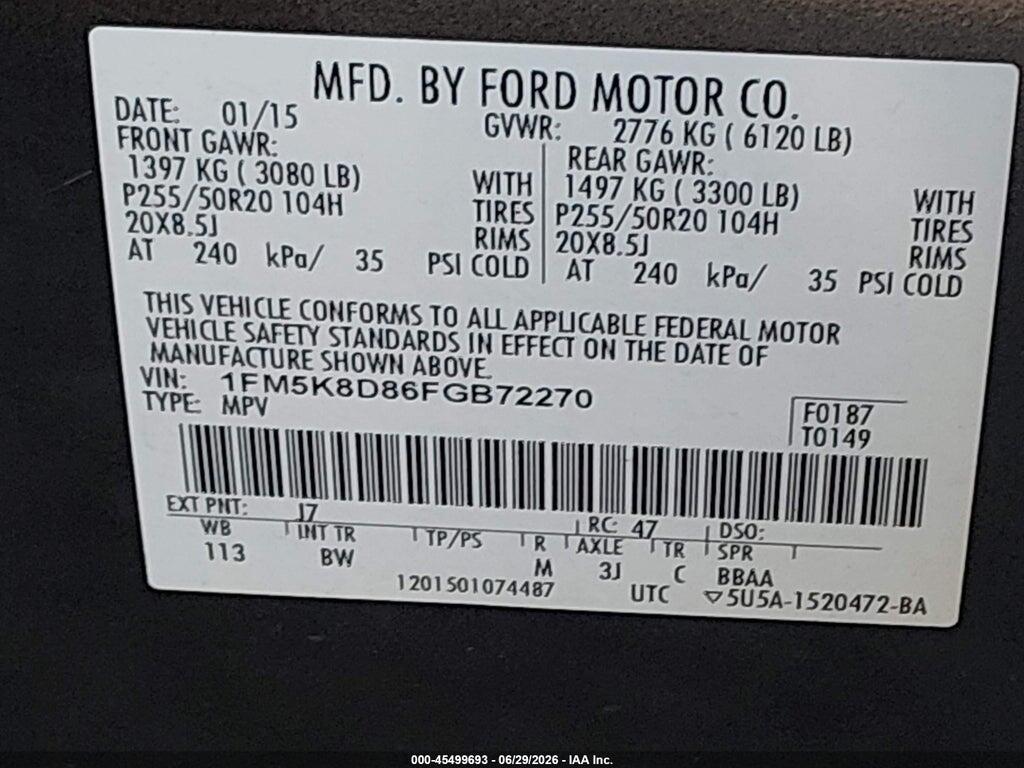 1FM5K8D86FGB72270 2015 FORD EXPLORER photo no. 9