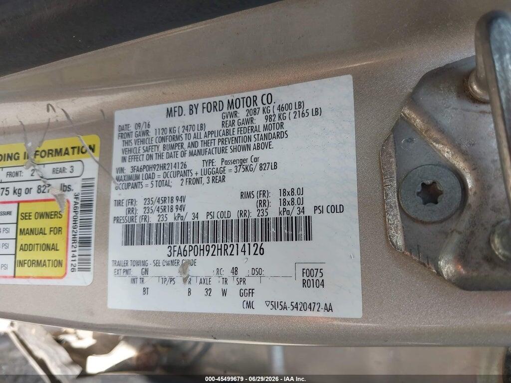 3FA6P0H92HR214126 2017 FORD FUSION photo no. 9