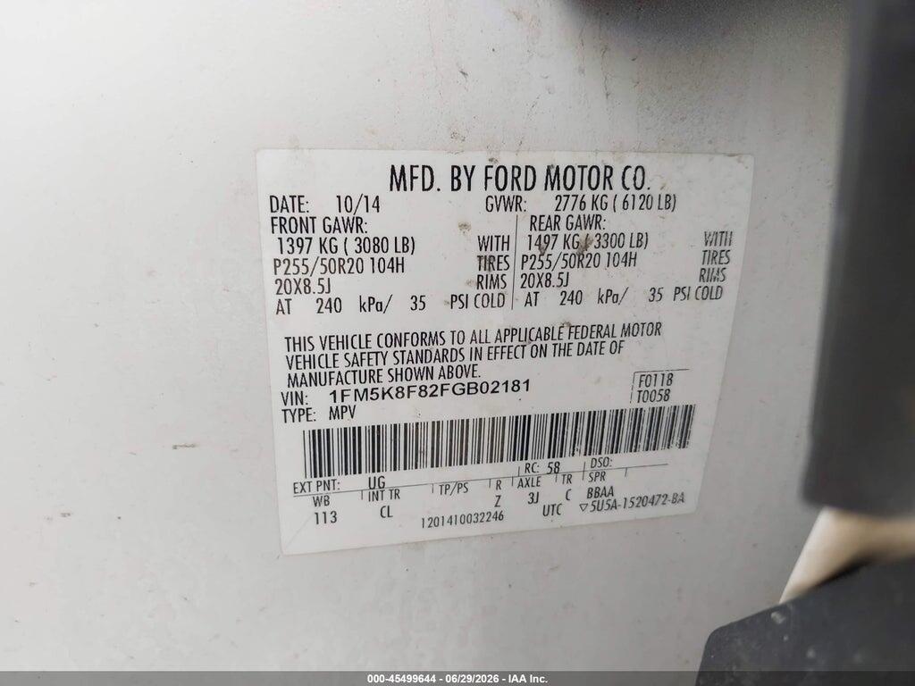 1FM5K8F82FGB02181 2015 FORD EXPLORER photo no. 9